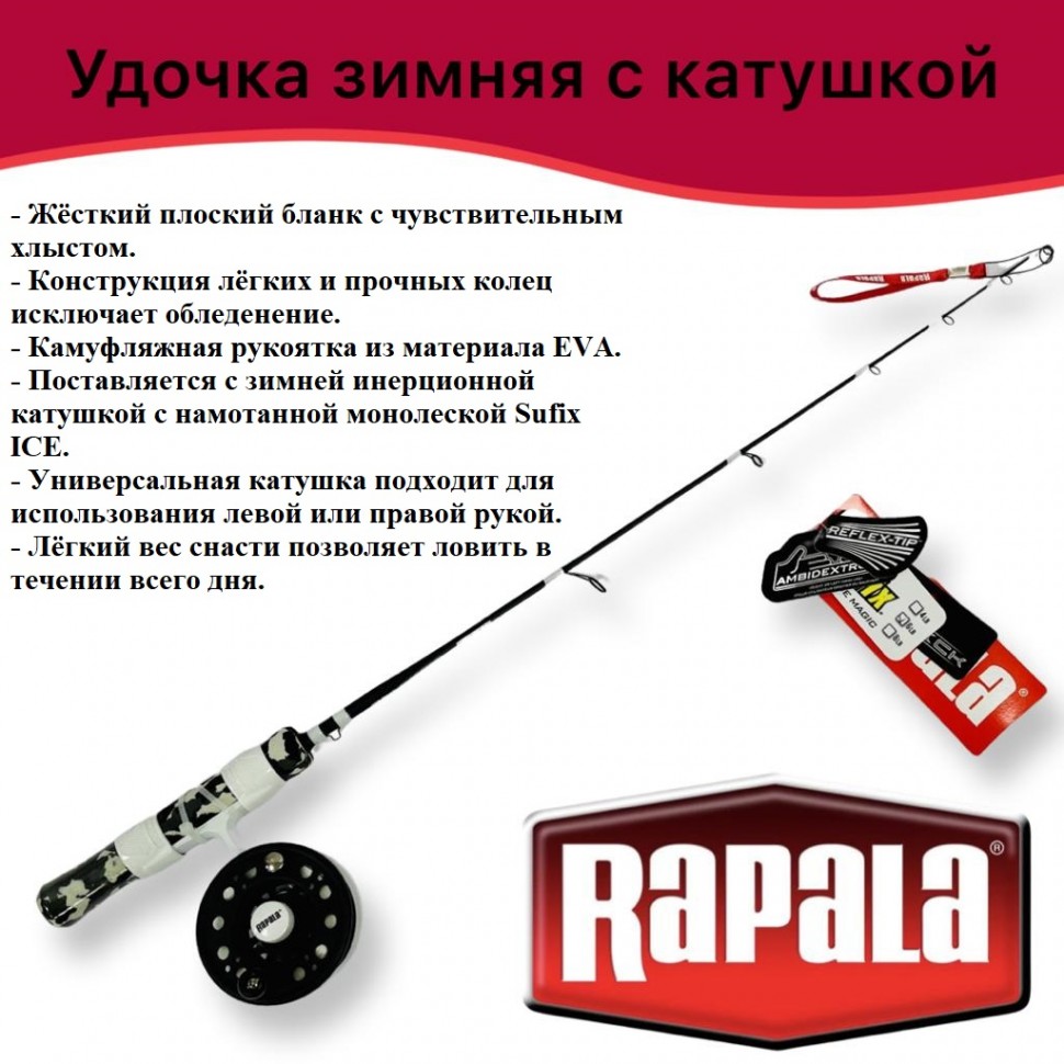 Удочка для зимней рыбалки Rapala Flatstick c инерционной катушкой и леской / длина 61 см Medium Light